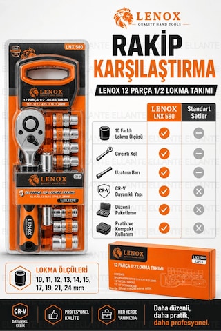 12 Parça 1/2" Lokma Takımı Cr-v Çelik Cırcırlı Kol Oto, Motosiklet Ve Ev Tamiri İçin Profesyonel