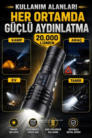 20.000 Lümen Süper Güçlü El Feneri Şarj Edilebilir Uzun Menzil Led Fener Güçlü Aydınlatma Çok Renkli
