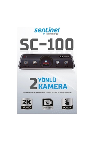 Sentinel Sc-100 2k Ahd Çift Kameralı Araç İçi Dikiz Aynası Kamera Wi-fi, G-sensor, Gece Görüş, Dokunmatik Ekran