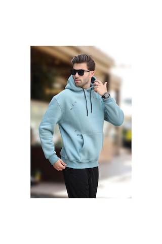 Madmext Mavi Kapüşonlu Cep Detaylı Nakışlı Erkek Sweatshirt 7054-mavi Mavi