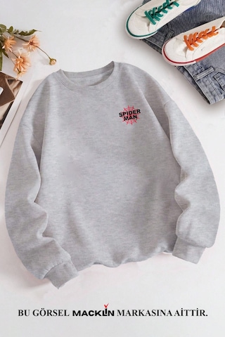 Macklin Unisex Kadın Erkek Marvel Spiderman Ön Ve Arka Tasarım Baskılı Bisiklet Yaka Sweatshirt Gri Mck1349 Gri