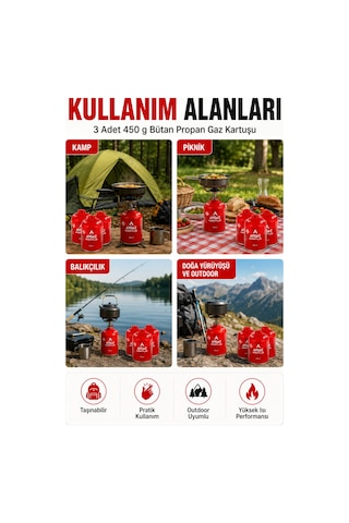 Gaz Kartuşu Bütan Propan Karışımlı Kamp Ocağı Kartuşu 3 Adet 450 G Kırmızı