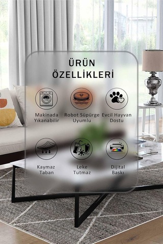 Vizon Halı 1089 - Yıkanabilir, Kaymaz Taban, Dijital Baskılı, Leke Tutmaz, İnce Hav, Modern Salon, Oturma Odası, Y Çok Renkli