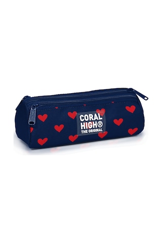 Coral High Kids Lacivert Kırmızı Kalp Desenli Üç Bölmeli Kalem Çantası 31029 Lacivert