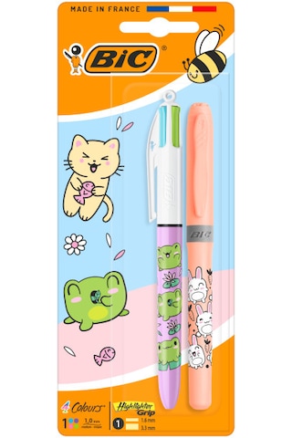 Bıc 4 Colours Kawaii Animals 4 Renkli Tükenmez Kalem + Fosforlu Kalem 2 Li Set Çok Renkli