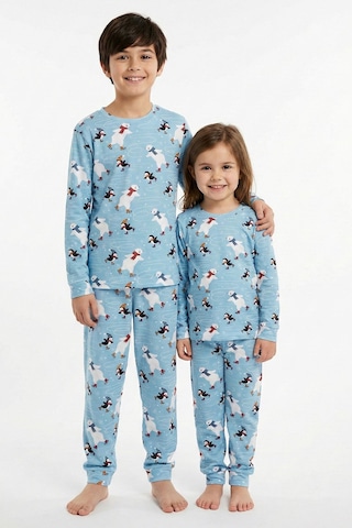 Zuzunga Unisex İnterlok Bebe Mavisi Yılbaşı Temalı Pijama Takımı Mavi