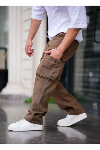 Cool Tarz Erkek Kargo Cep Baggy Pantolon Kahve Rengi Kahve Kahve