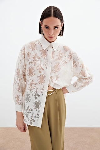 Sateen Kendinden Desenli Salaş Gömlek - Krem-136059 Krem
