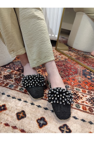My Stil Moda Kadın Önü Kapalı Hasır Terlik Boncuk İşlemeli Çeyiz, Günlük, Misafir Ev Terliği siyah
