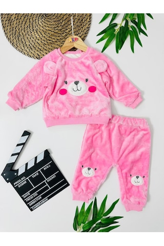 Cute Bear Suratlı Omuzdan Çıtçıtlı Welsoft İçi Astarlı 2 Parça Takım Pembe