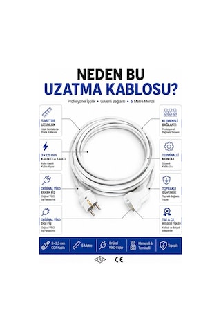 Viko Seyyar Uzatma Kablosu 5 Metre 3x2.5 Mm Cca Kablo Viko Erkek Dişi Fiş Klemensli Terminalli Topraklı Tse Ce Belgeli 5 M