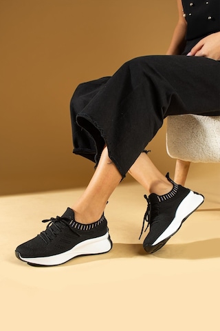 Shoetek Faina Kadın Sneakers Triko Dokumalı Bağcıklı Spor Ayakkabı Siyah Siyah