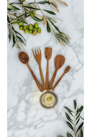 Zeytin Ağacı 5 Parça Ahşap Mutfak Seti, Tahta Kaşık, Çatal, Spatula, Bal Kaşığı El Yapımı