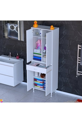 Eliusta Line Beyaz 60 Cm Banyo Dolabı Çok Bölmeli Banyo Düzenleyici Dolap 4 Kapaklı 4 Raflı 60x173x32,5 Cm Beyaz