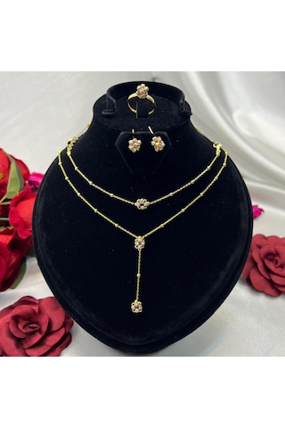 Üç Renkli Dorika Çiçek Model Sallantılı Kadın 4'lü Seti 925 Ayar Gümüş Altın Kaplama Altın