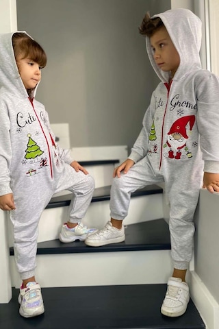 Riccotarz Kız Erkek Bebek Üzerinde Noel Baba Ve Ağaç Önü Fermuarlı Kapüşonlu Gri Tulum Gri