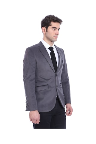 Wessi Kareli Kapaklı Cepli Arma Detaylı Kadife Füme Gri Erkek Ceket - Wessi Füme - Gri