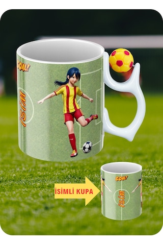 Sarı Kırmızı Futbol Toplu Sarı Kırmızı Forma Kadın Futbolcu Taraftar İsimli Baskılı Kupa Bardak Beyaz