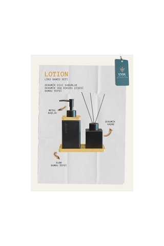 Chacha Home Luxury Lotion Lüks Banyo Seti, Seramik Sıvı Sabunluk, Seramik Oda Kokusu Şişesi, Bambu Tepsi Mat Siyah