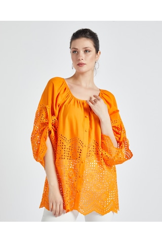 Kadın Pamuk Gömlek Ajurlu Detaylı, Rahat Kalıp Yazlık Tasarım Orange