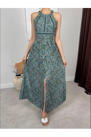 Elora Atelier Halter Yaka Sırt Dekolte Yeşil Maxi Elbise Çok Renkli