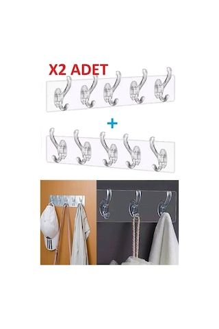 2 Adet Kendinden Yapışkanlı Güçlü Şeffaf 5li Askılık - Kapı Arkası Mutfak Duvar Banyo