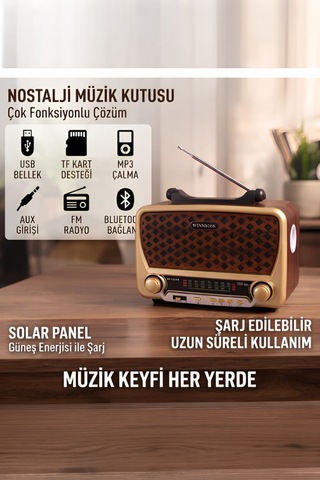 Retro Nostaljik Müzik Kutusu Solar Güneş Panelli Şarjlı Bluetooth Radyo Led Fener Aux Ve Usb/sd Mp3 Çalar Yg-1183us-bt