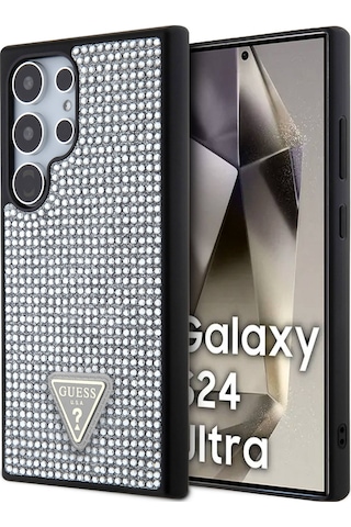 Galaxy S24 Ultra Uyumlu Kılıf Guess Lisanslı Taşlı Arka Yüzey Üçgen Logolu Kapak Pembe
