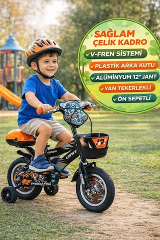 Tiger Predator 12 Jant Çocuk Bisikleti Siyah Turuncu Sepetli Yan Tekerlekli Arka Kutulu 9.50 Kg