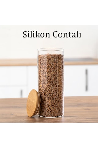 4-3 Bambu Vakumlu Kapaklı Yuvarlak Borosilikat Cam 9lu Kavanoz Seti Saklama Kabı 2100ml 10x30cm Çok Renkli