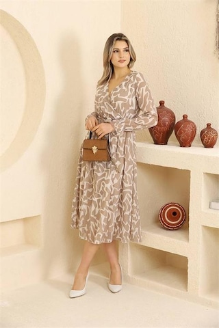 Dip Moda Kadın Midi Boy Desenli Şifon Elbise Dprssn32 BEJ