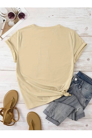 Kadın Pamuklu Ön Baskılı Papatya Kelebek Tasarım Tshirt Bej