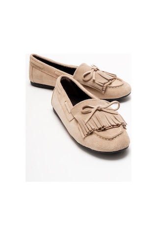 Luvishoes Axelı Bej Süet Hakiki Deri Fiyonklu Saçaklı Kadın Loafer Ayakkabı Bej