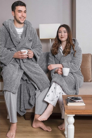 Uzun Kapüşonlu Welsoft Sabahlık Aile Seti-Gri