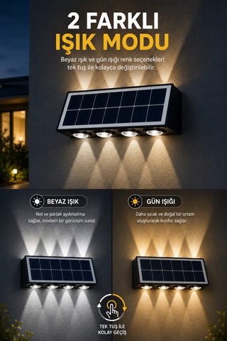 Solar Led Duvar Apliği 8 Ledli Bahçe Aydınlatması Güneş Enerjili Dış Mekan Bahçe Lambası, Su Geçirmez Sensörlü