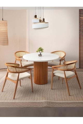Perge İskandinav Natural Ahşap Masa Sandalye Takımı 90x90 Meşe - Beyaz