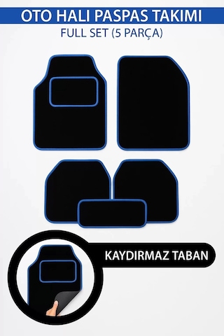 5 Parça Universal Topuk Destekli Oto Halı Paspas Takımı Kenar Renk Mavi