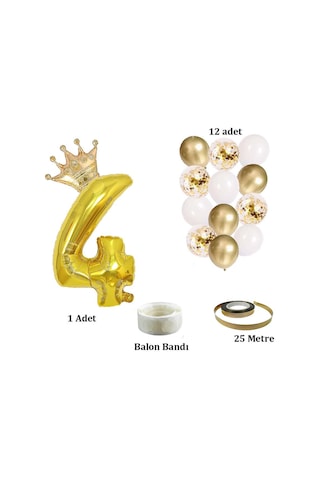 4 Rakam Gold Folyo Balon, Kral Tacı Ve Konfetili Gold Balon