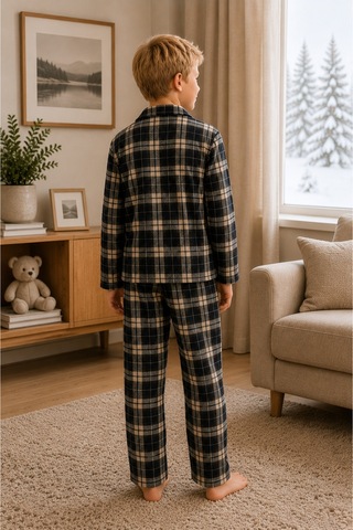 Free Beka Ekose Desenli Uzun Kollu Gömlek Yaka Düğmeli Erkek Çocuk Pijama Takımı Bej