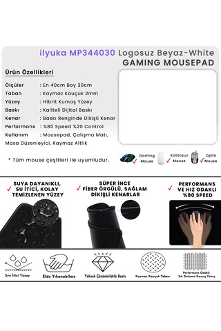 İlyuka Mousepad 40x30cm Gaming Oyuncu Mp344030 Logosuz Beyaz