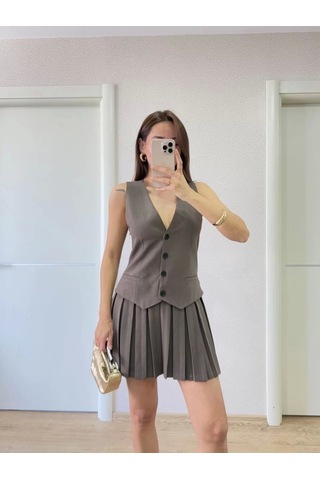 Keten Takım Görünümlü Düğme Detaylı Yelekli Mini Elbise - Füme Füme