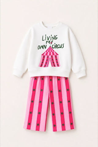 Monila Kız Çocuk Sirk Baskılı Ekru Sweatshirt Ve Pembe Çizgili Yıldız Baskılı Eşofman Alt Üst Takım