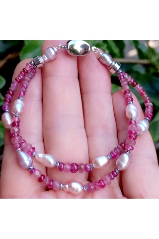 2844 Spinel Yakut Doğal İnci Hematit El Yapımı Bileklik Açık Pembe
