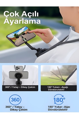 360 Ayarlanabilir N52 Mıknatıslı Magsafe Boyun Askılı Telefon Tutucu Eller Serbest Kullanım Siyah Siyah