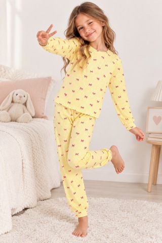 Free Beka Desenli Bisiklet Yaka %100 Pamuklu İnterlok Kumaş Kız Çocuk Uzun Kollu Pijama Takımı Sarı