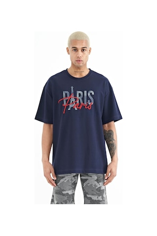Tommy Lıfe Indigo Yazı Nakışlı O Yaka Oversize Erkek T-shirt - 88223 T11er-88223 001