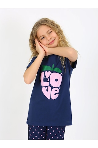 Kız Çocuk Kısa Kollu %100 Pamuklu Pijama Takımı Cute Love Lacivert