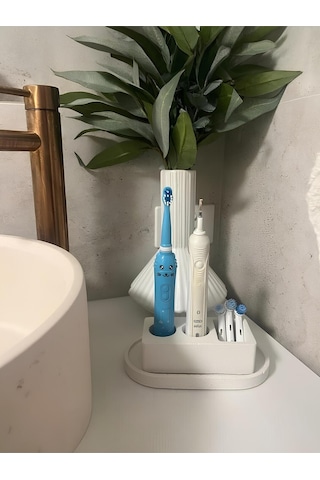 Beyaz Beton Diş Fırçalık & Diş Macunu Standı Elektrikli Fırça İçin Minimalist Banyo Organizeri Beyaz