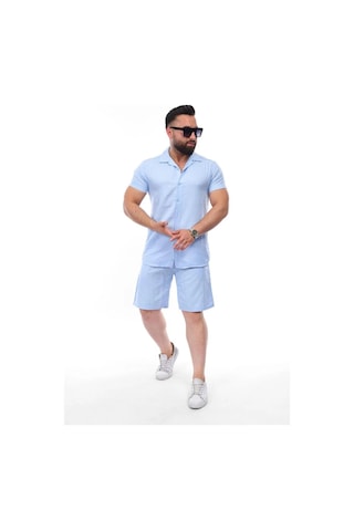 Mcz Giyim Keten Bebe Mavisi Renk Slim Fit Erkek Şort - Gömlek Alt Üst Takım