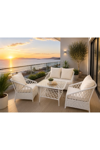 Omit Pazar Beyaz Rattan Bahçe Balkon Oturma Takımı 2+1+1 Cam Sehpalı Balkon Mobilyası, Bahçe Takımı, Teras Oturma Grubu